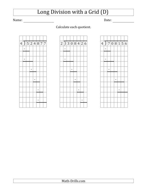 The 6-Digit by 1-Digit Long Division with Remainders with Grid Assistance and Prompts (D) Math Worksheet