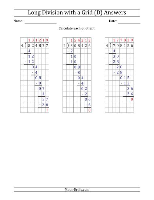 The 6-Digit by 1-Digit Long Division with Remainders with Grid Assistance and Prompts (D) Math Worksheet Page 2