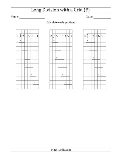 The 6-Digit by 1-Digit Long Division with Remainders with Grid Assistance and Prompts (F) Math Worksheet