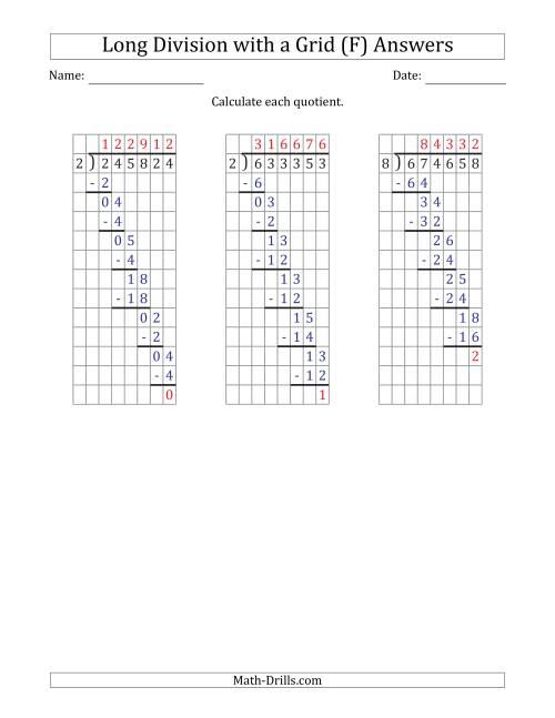 The 6-Digit by 1-Digit Long Division with Remainders with Grid Assistance and Prompts (F) Math Worksheet Page 2
