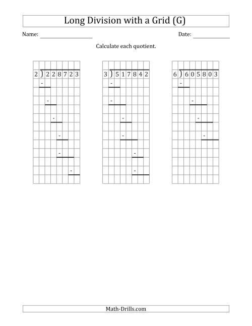 The 6-Digit by 1-Digit Long Division with Remainders with Grid Assistance and Prompts (G) Math Worksheet