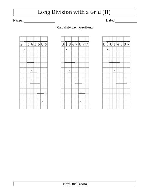 The 6-Digit by 1-Digit Long Division with Remainders with Grid Assistance and Prompts (H) Math Worksheet