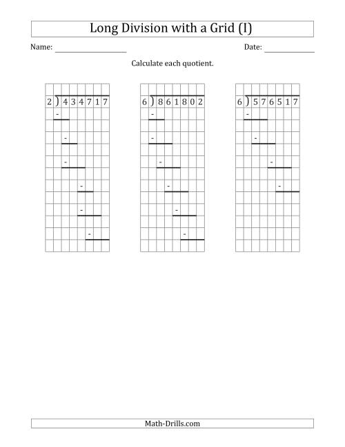 The 6-Digit by 1-Digit Long Division with Remainders with Grid Assistance and Prompts (I) Math Worksheet