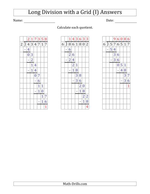 The 6-Digit by 1-Digit Long Division with Remainders with Grid Assistance and Prompts (I) Math Worksheet Page 2
