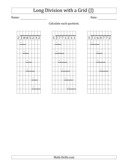 The 6-Digit by 1-Digit Long Division with Remainders with Grid Assistance and Prompts (J) Math Worksheet