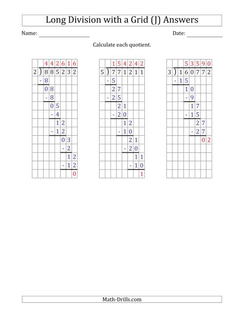 The 6-Digit by 1-Digit Long Division with Remainders with Grid Assistance and Prompts (J) Math Worksheet Page 2