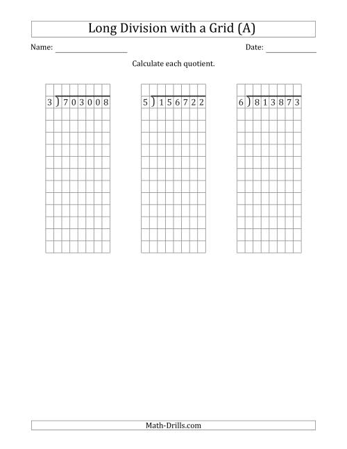 The 6-Digit by 1-Digit Long Division with Remainders with Grid Assistance (A) Math Worksheet