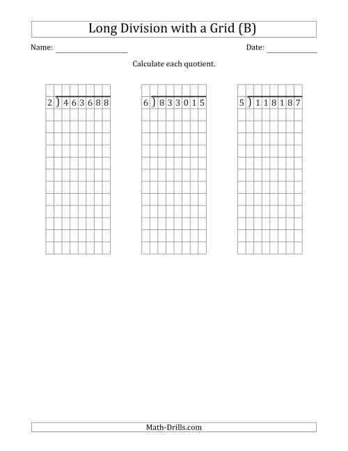 The 6-Digit by 1-Digit Long Division with Remainders with Grid Assistance (B) Math Worksheet