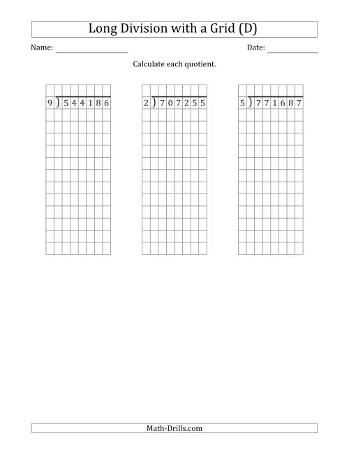 The 6-Digit by 1-Digit Long Division with Remainders with Grid Assistance (D) Math Worksheet
