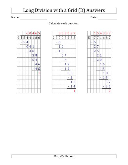 The 6-Digit by 1-Digit Long Division with Remainders with Grid Assistance (D) Math Worksheet Page 2