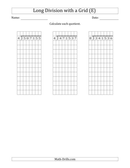 The 6-Digit by 1-Digit Long Division with Remainders with Grid Assistance (E) Math Worksheet