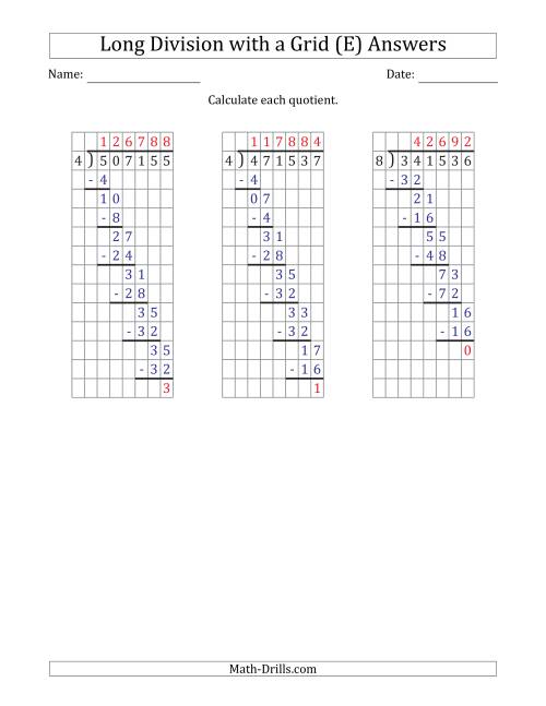 The 6-Digit by 1-Digit Long Division with Remainders with Grid Assistance (E) Math Worksheet Page 2