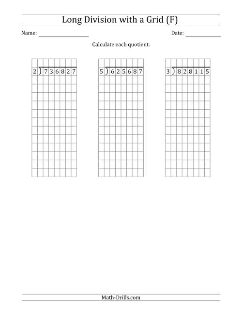 The 6-Digit by 1-Digit Long Division with Remainders with Grid Assistance (F) Math Worksheet