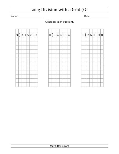 The 6-Digit by 1-Digit Long Division with Remainders with Grid Assistance (G) Math Worksheet