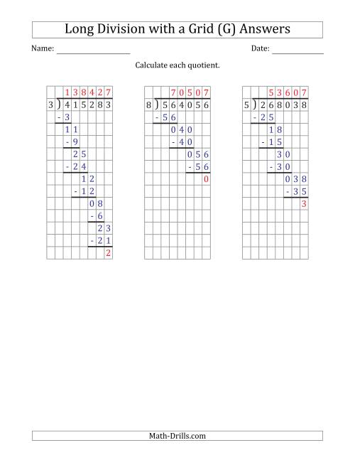 The 6-Digit by 1-Digit Long Division with Remainders with Grid Assistance (G) Math Worksheet Page 2