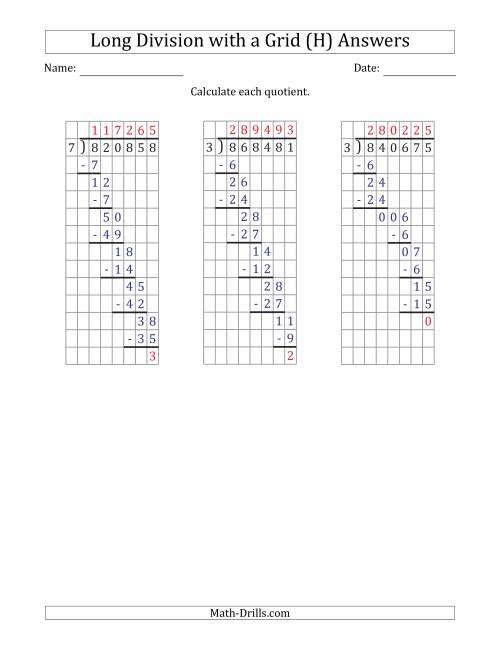The 6-Digit by 1-Digit Long Division with Remainders with Grid Assistance (H) Math Worksheet Page 2