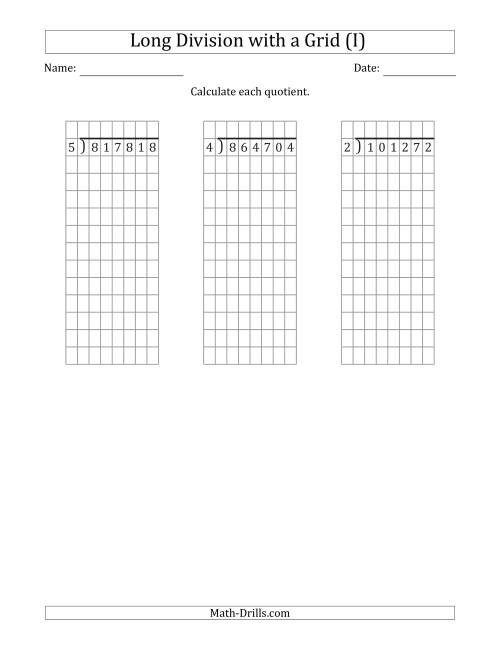 The 6-Digit by 1-Digit Long Division with Remainders with Grid Assistance (I) Math Worksheet