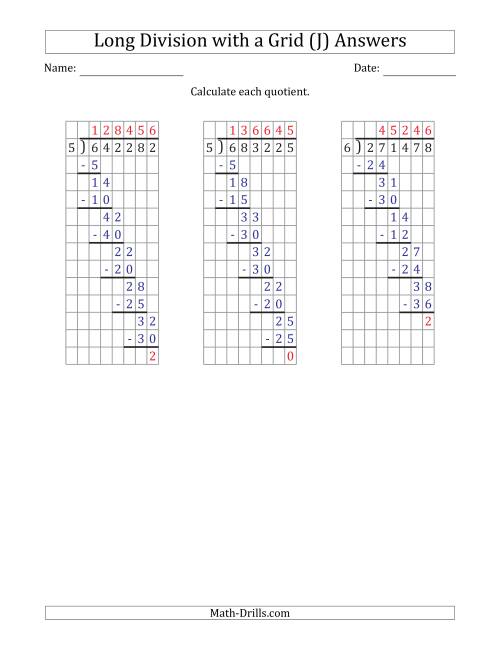 The 6-Digit by 1-Digit Long Division with Remainders with Grid Assistance (J) Math Worksheet Page 2