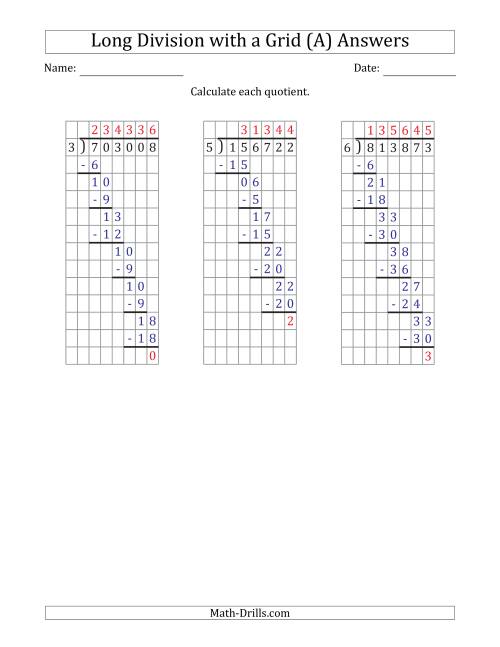 The 6-Digit by 1-Digit Long Division with Remainders with Grid Assistance (All) Math Worksheet Page 2