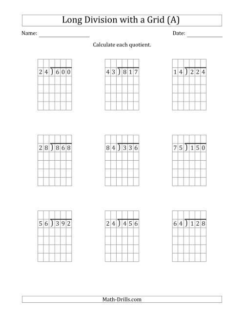 The 3-Digit by 2-Digit Long Division with Grid Assistance and NO Remainders (A) Math Worksheet