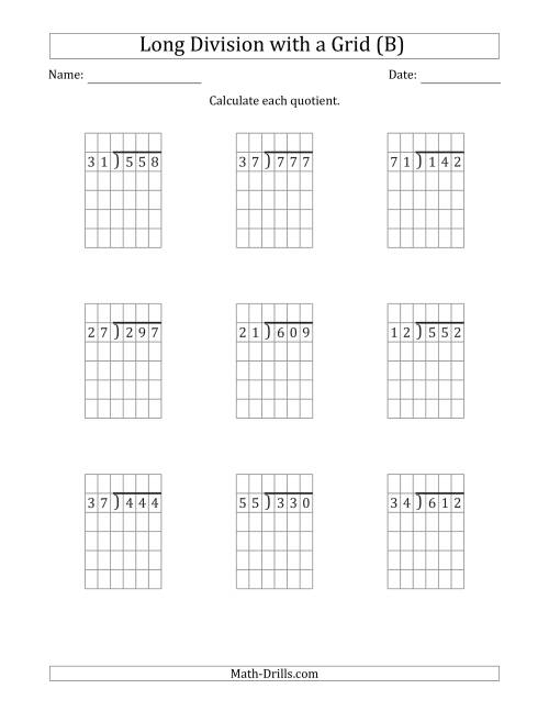 The 3-Digit by 2-Digit Long Division with Grid Assistance and NO Remainders (B) Math Worksheet