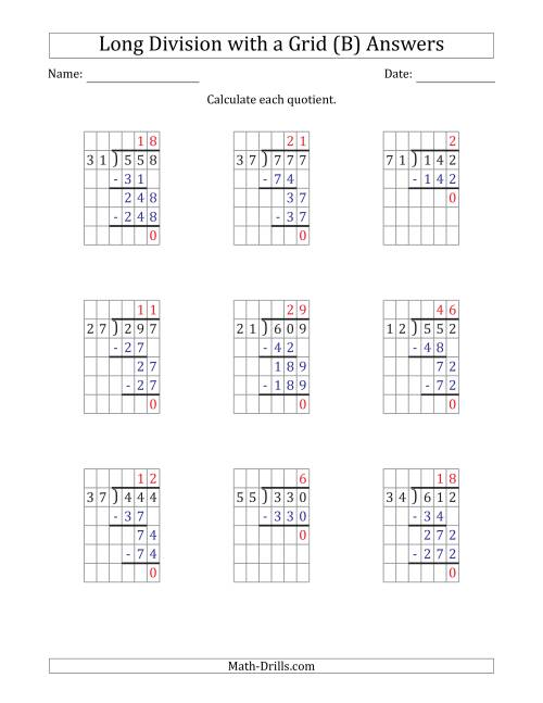 The 3-Digit by 2-Digit Long Division with Grid Assistance and NO Remainders (B) Math Worksheet Page 2