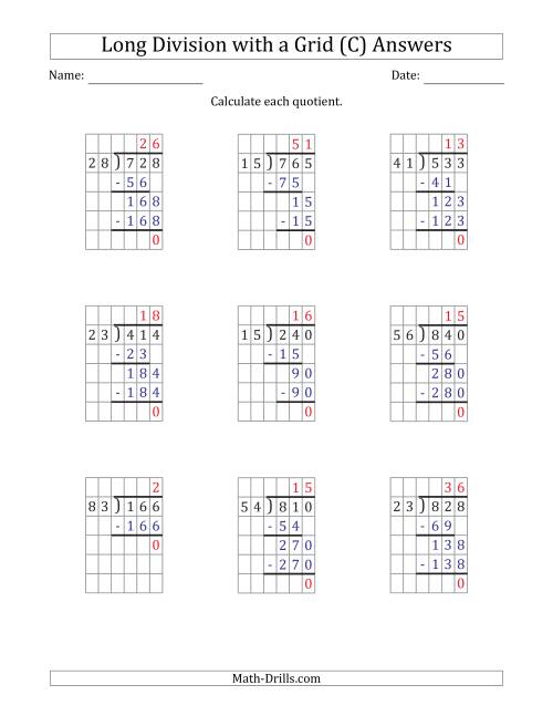 The 3-Digit by 2-Digit Long Division with Grid Assistance and NO Remainders (C) Math Worksheet Page 2