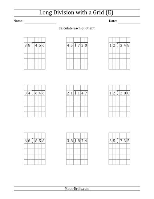 The 3-Digit by 2-Digit Long Division with Grid Assistance and NO Remainders (E) Math Worksheet