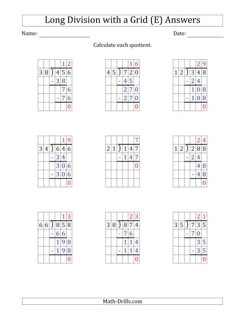 The 3-Digit by 2-Digit Long Division with Grid Assistance and NO Remainders (E) Math Worksheet Page 2