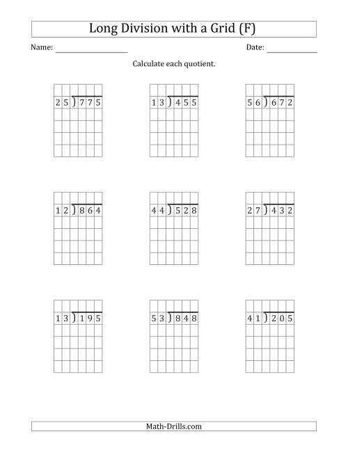 The 3-Digit by 2-Digit Long Division with Grid Assistance and NO Remainders (F) Math Worksheet