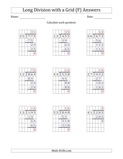 The 3-Digit by 2-Digit Long Division with Grid Assistance and NO Remainders (F) Math Worksheet Page 2