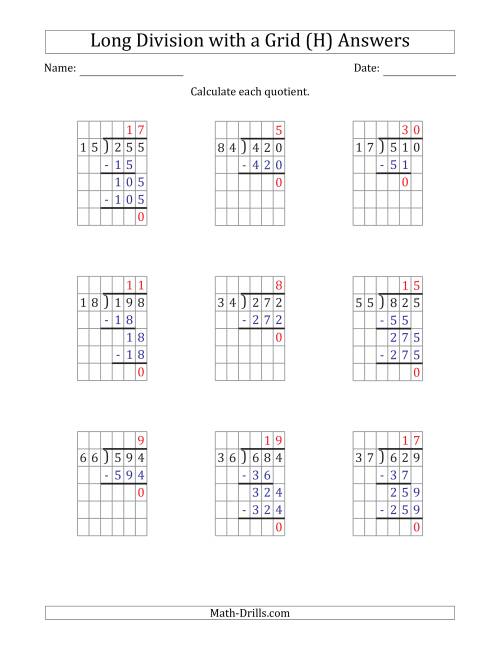 The 3-Digit by 2-Digit Long Division with Grid Assistance and NO Remainders (H) Math Worksheet Page 2