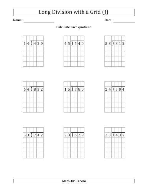 The 3-Digit by 2-Digit Long Division with Grid Assistance and NO Remainders (J) Math Worksheet