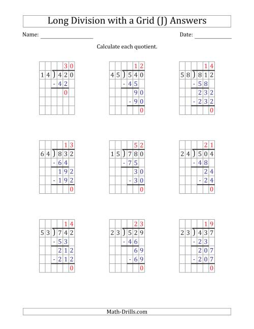 The 3-Digit by 2-Digit Long Division with Grid Assistance and NO Remainders (J) Math Worksheet Page 2