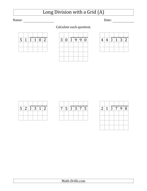 The 3-Digit by 2-Digit Long Division with Grid Assistance and NO Remainders (Old) Math Worksheet