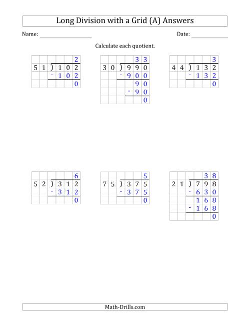 The 3-Digit by 2-Digit Long Division with Grid Assistance and NO Remainders (Old) Math Worksheet Page 2
