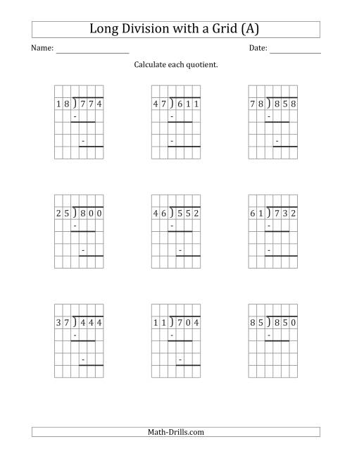 The 3-Digit by 2-Digit Long Division with Grid Assistance and Prompts and NO Remainders (A) Math Worksheet