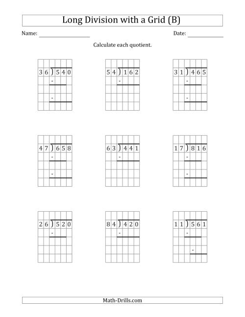 The 3-Digit by 2-Digit Long Division with Grid Assistance and Prompts and NO Remainders (B) Math Worksheet