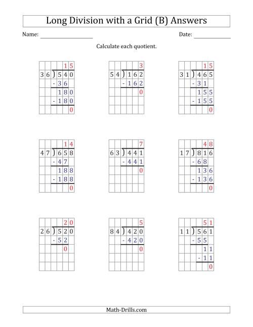 The 3-Digit by 2-Digit Long Division with Grid Assistance and Prompts and NO Remainders (B) Math Worksheet Page 2