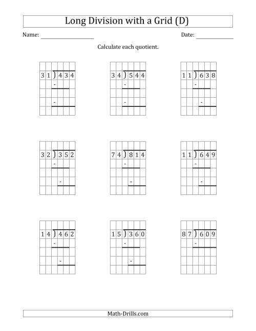 The 3-Digit by 2-Digit Long Division with Grid Assistance and Prompts and NO Remainders (D) Math Worksheet