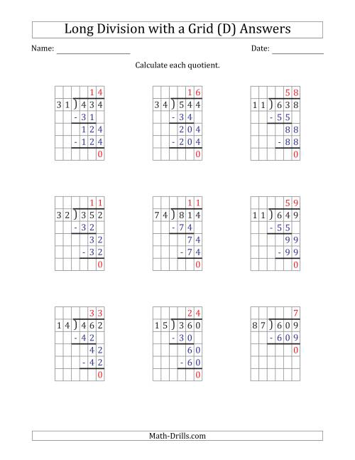 The 3-Digit by 2-Digit Long Division with Grid Assistance and Prompts and NO Remainders (D) Math Worksheet Page 2