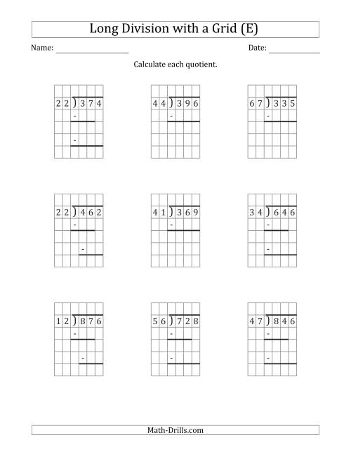 The 3-Digit by 2-Digit Long Division with Grid Assistance and Prompts and NO Remainders (E) Math Worksheet