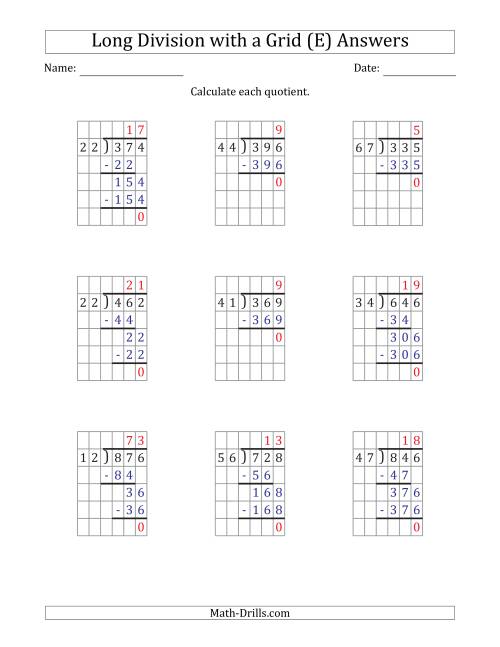 The 3-Digit by 2-Digit Long Division with Grid Assistance and Prompts and NO Remainders (E) Math Worksheet Page 2