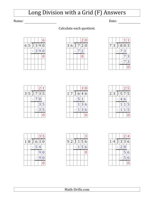 The 3-Digit by 2-Digit Long Division with Grid Assistance and Prompts and NO Remainders (F) Math Worksheet Page 2