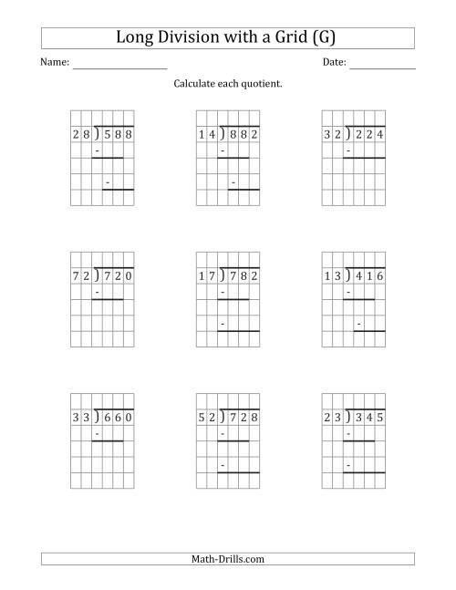 The 3-Digit by 2-Digit Long Division with Grid Assistance and Prompts and NO Remainders (G) Math Worksheet