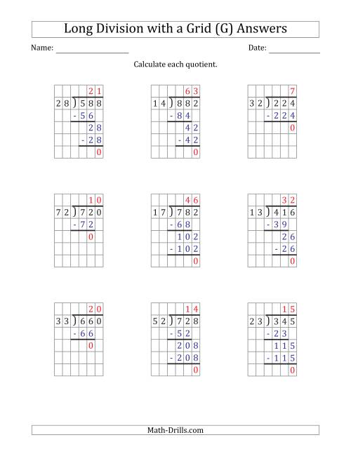 The 3-Digit by 2-Digit Long Division with Grid Assistance and Prompts and NO Remainders (G) Math Worksheet Page 2