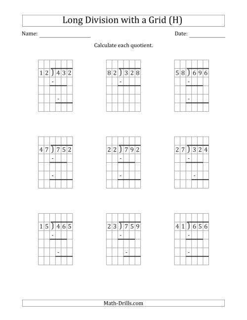 The 3-Digit by 2-Digit Long Division with Grid Assistance and Prompts and NO Remainders (H) Math Worksheet