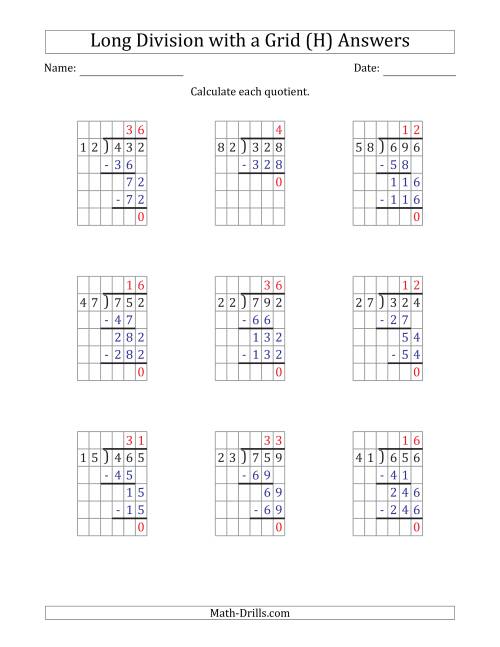 The 3-Digit by 2-Digit Long Division with Grid Assistance and Prompts and NO Remainders (H) Math Worksheet Page 2
