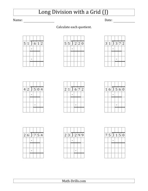 The 3-Digit by 2-Digit Long Division with Grid Assistance and Prompts and NO Remainders (J) Math Worksheet