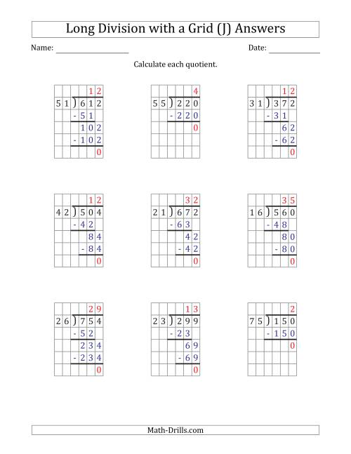 The 3-Digit by 2-Digit Long Division with Grid Assistance and Prompts and NO Remainders (J) Math Worksheet Page 2
